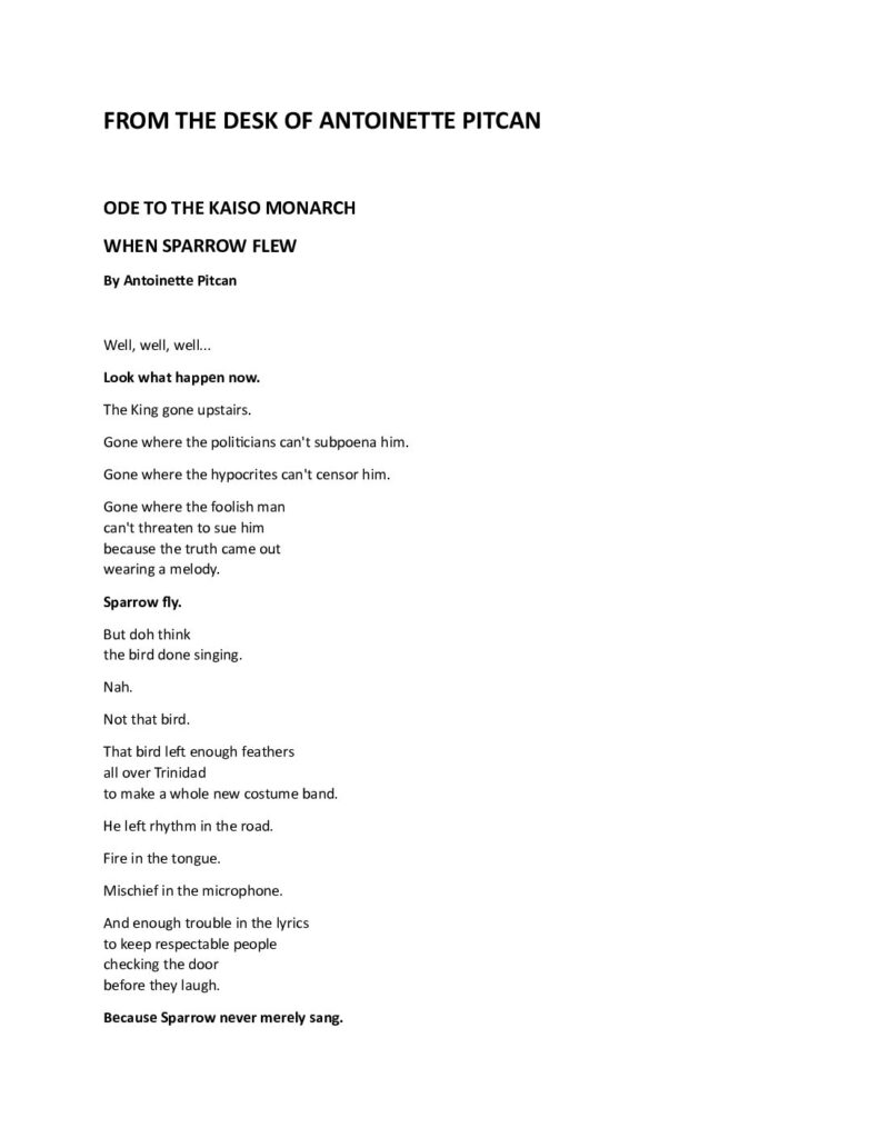 A page from Antoinette Pitcan's Ode to the Kaiso Monarch